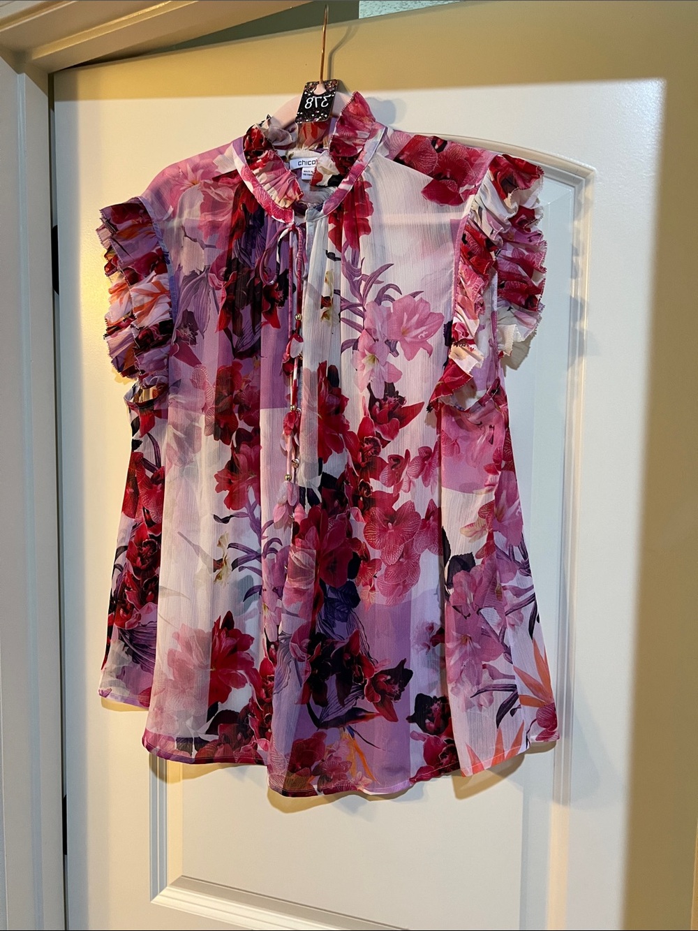 Chico's Pink Floral Ruffle Tie-Neck Blouse